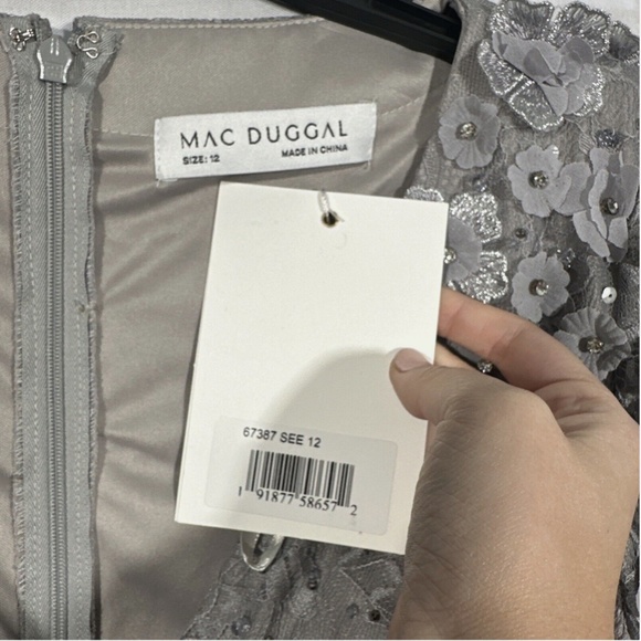 NWT $538 Mac Duggal [ 12 ]‎ Floral Embellished Lace A-Line Dress Sterling Grey - Picture 7 of 16